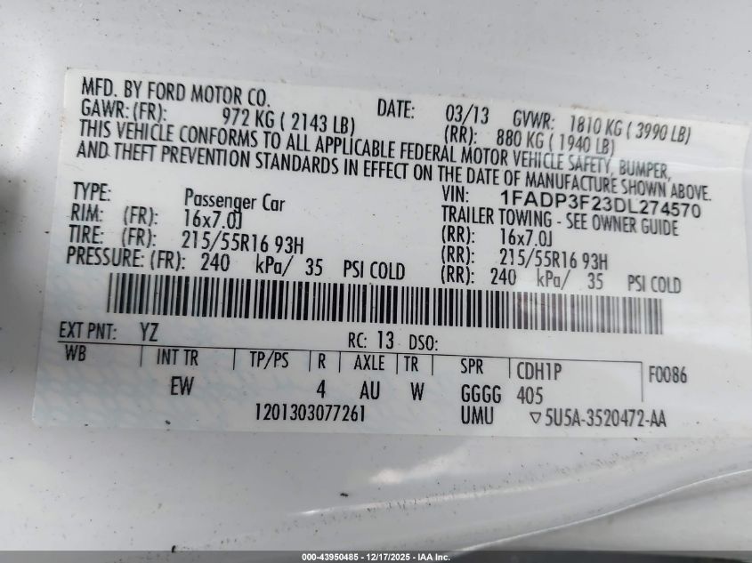 2013 Ford Focus Se VIN: 1FADP3F23DL274570 Lot: 43950485