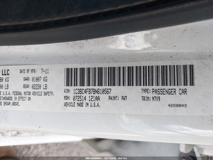 2011 Chrysler 200 Lx VIN: 1C3BC4FB7BN610567 Lot: 43950491