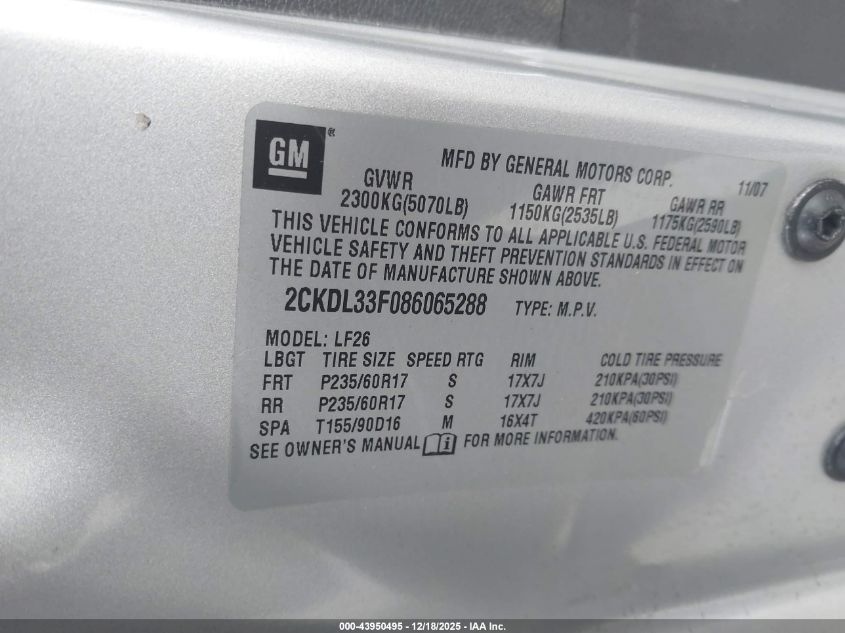 2008 Pontiac Torrent VIN: 2CKDL33F086065288 Lot: 43950495