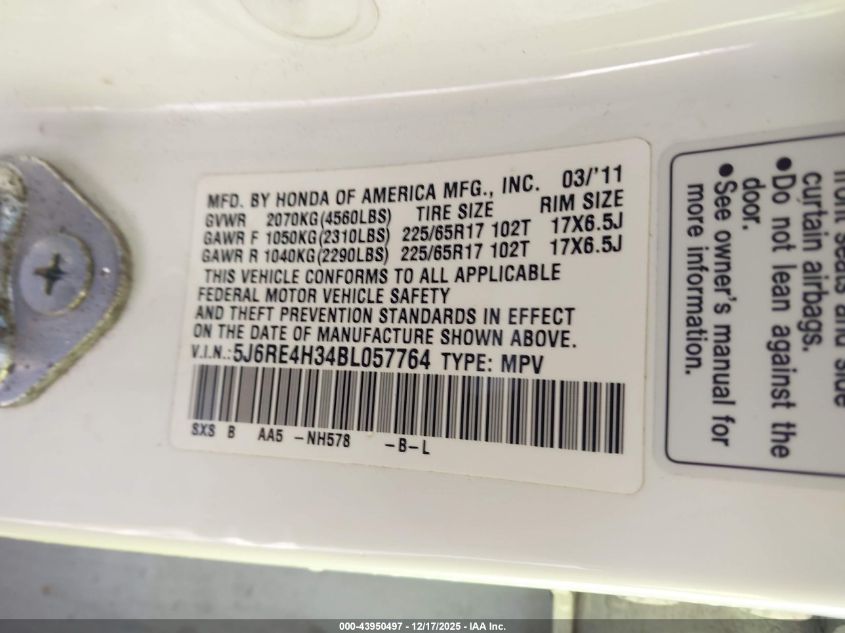 2011 Honda Cr-V Lx VIN: 5J6RE4H34BL057764 Lot: 43950497