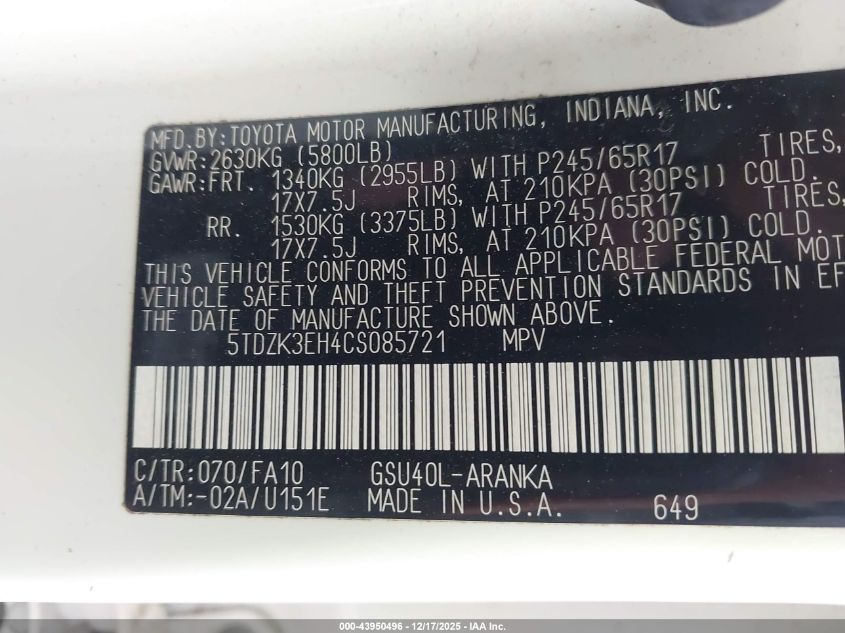 2012 Toyota Highlander Base V6 VIN: 5TDZK3EH4CS085721 Lot: 43950496