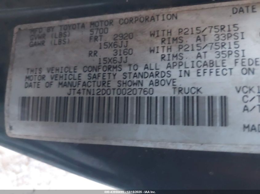 1996 Toyota T100 Xtracab VIN: JT4TN12D0T0020760 Lot: 43950499