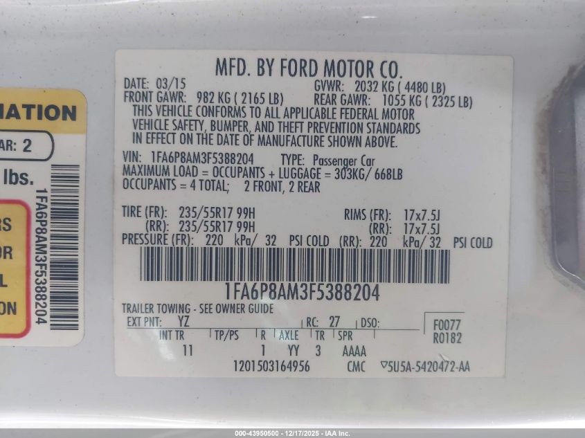 2015 Ford Mustang V6 VIN: 1FA6P8AM3F5388204 Lot: 43950500
