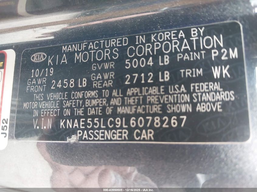 2020 Kia Stinger Gt2 VIN: KNAE55LC9L6078267 Lot: 43950505