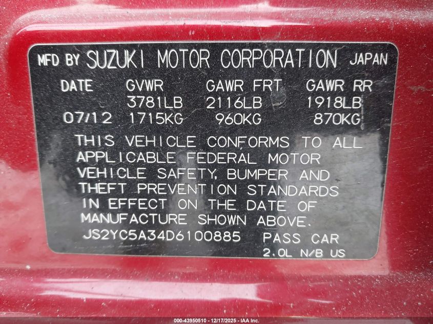 2013 Suzuki Sx4 Le/Le Popular VIN: JS2YC5A34D6100885 Lot: 43950510