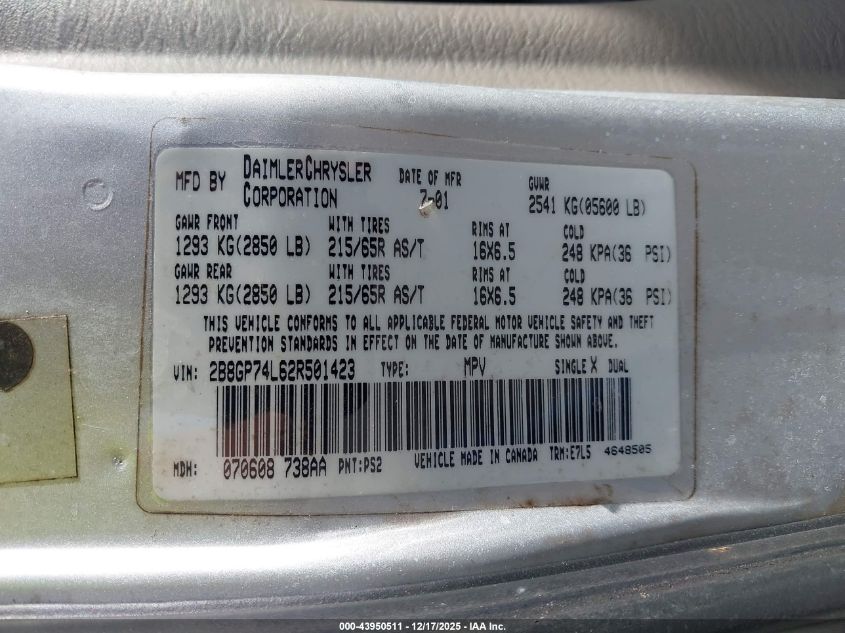 2002 Dodge Grand Caravan Ex VIN: 2B8GP74L62R501423 Lot: 43950511