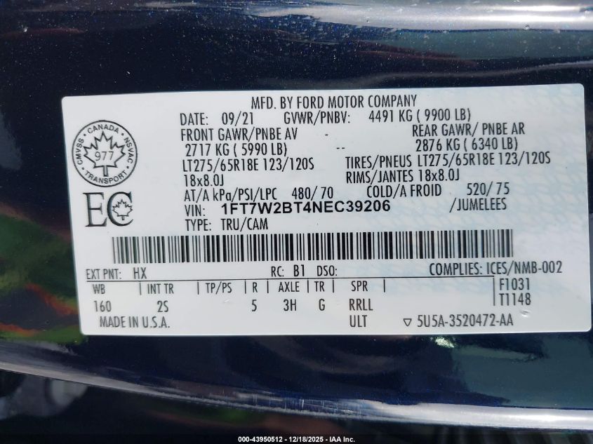 2022 Ford F-250 Xlt VIN: 1FT7W2BT4NEC39206 Lot: 43950512