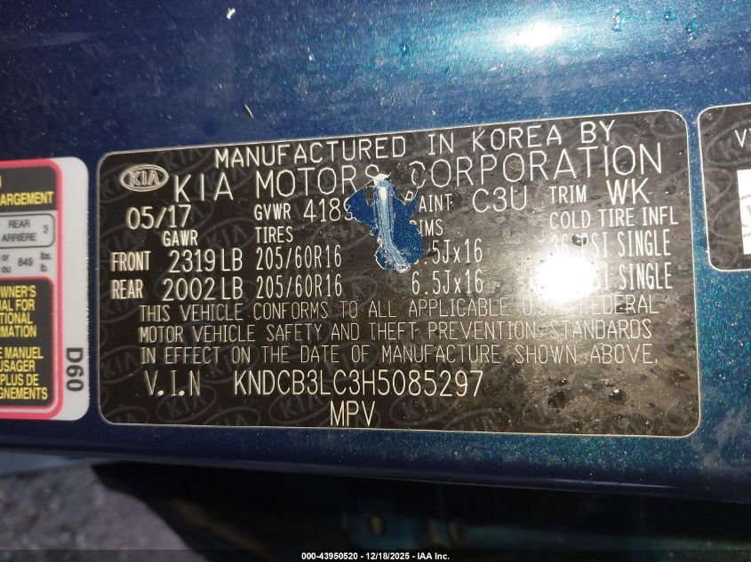 2017 Kia Niro Lx VIN: KNDCB3LC3H5085297 Lot: 43950520