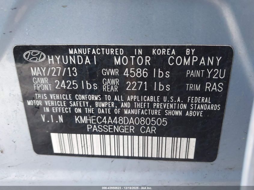2013 Hyundai Sonata Hybrid Limited VIN: KMHEC4A48DA080505 Lot: 43950523