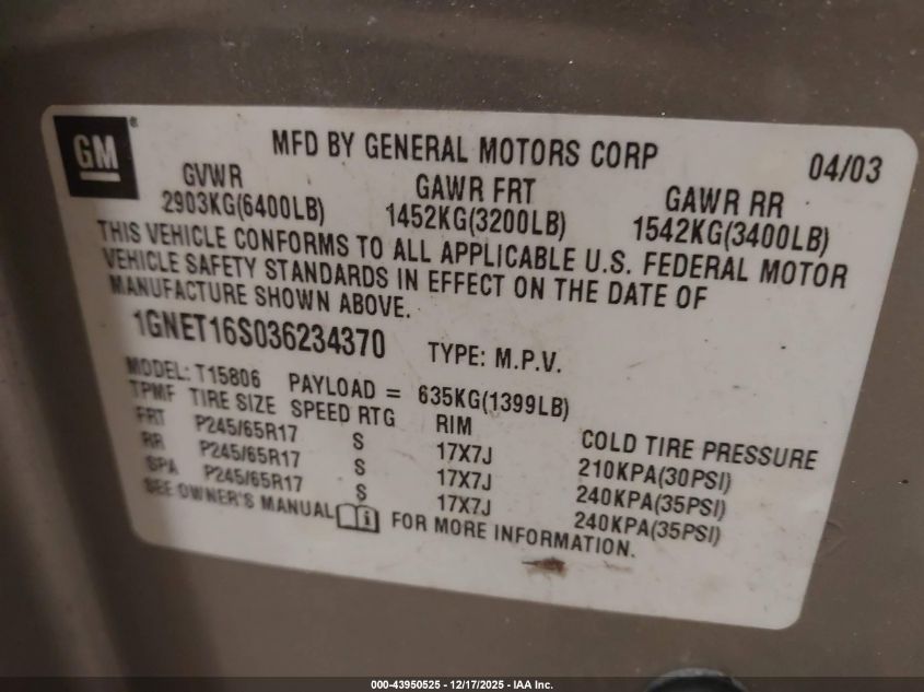 2003 Chevrolet Trailblazer Ext Ls VIN: 1GNET16S036234370 Lot: 43950525