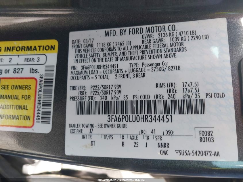 2017 Ford Fusion Hybrid Se VIN: 3FA6P0LU0HR344451 Lot: 43950532