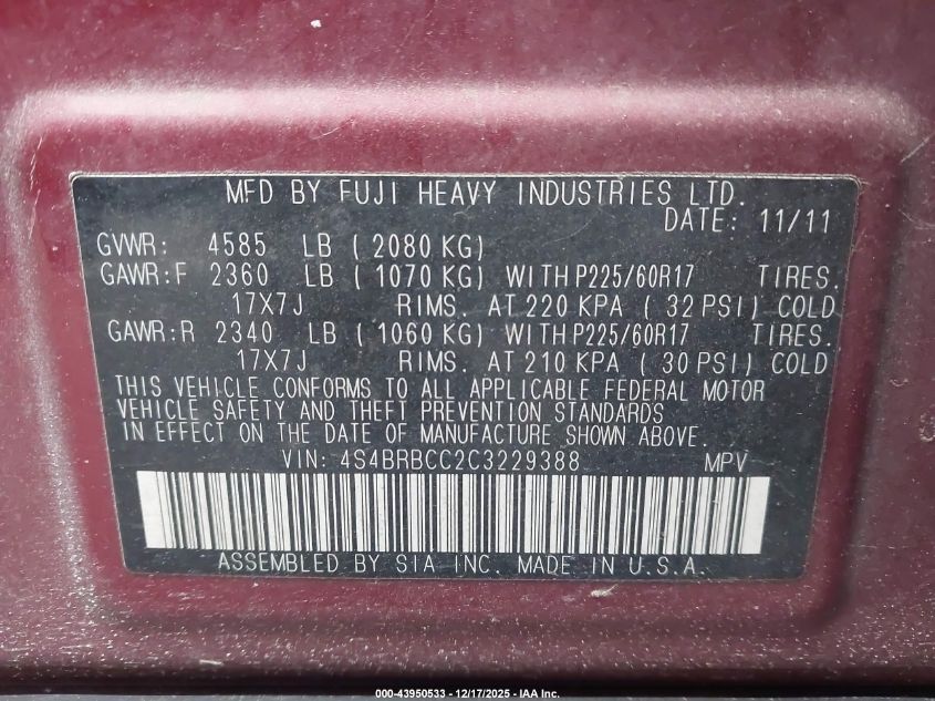 2012 Subaru Outback 2.5I Premium VIN: 4S4BRBCC2C3229388 Lot: 43950533