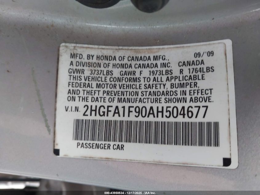 2010 Honda Civic Ex-L VIN: 2HGFA1F90AH504677 Lot: 43950534