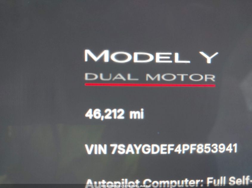 2023 Tesla Model Y Performance Dual Motor All-Wheel Drive VIN: 7SAYGDEF4PF853941 Lot: 43950536