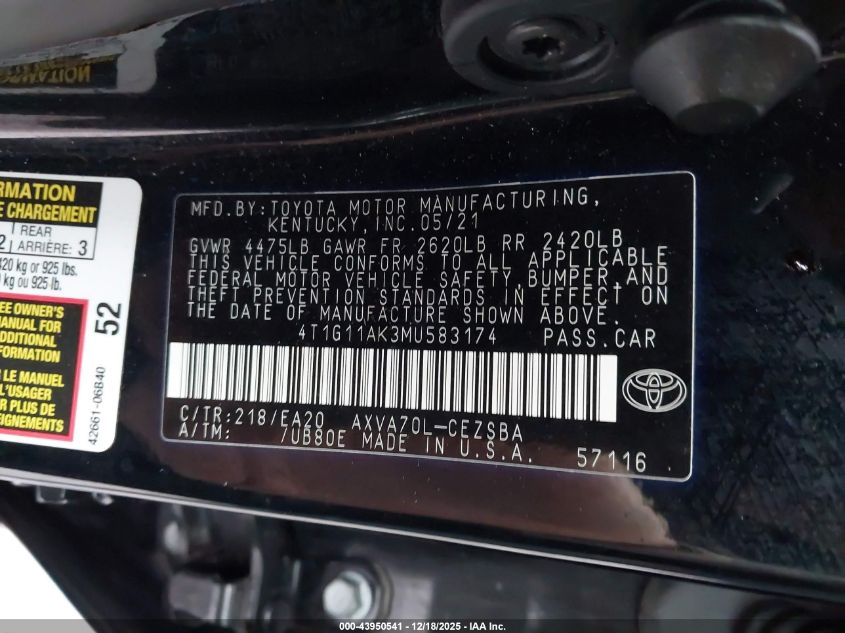 2021 Toyota Camry Se VIN: 4T1G11AK3MU583174 Lot: 43950541