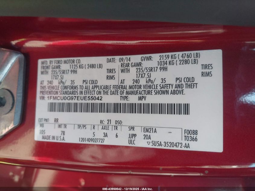 2014 Ford Escape Se VIN: 1FMCU0G97EUE55042 Lot: 43950542