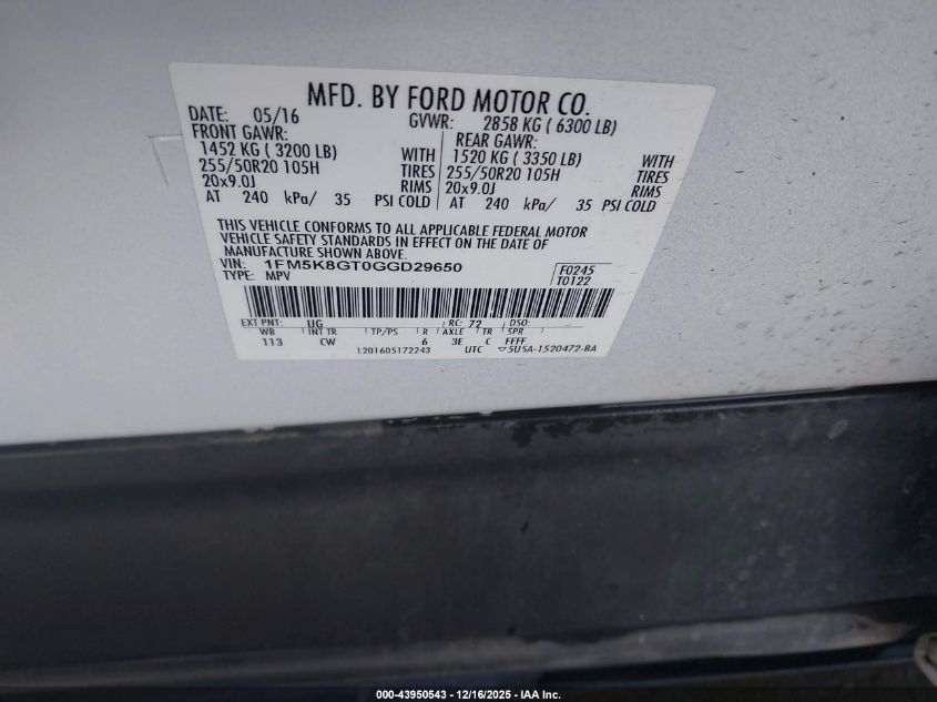 2016 Ford Explorer Sport VIN: 1FM5K8GT0GGD29650 Lot: 43950543