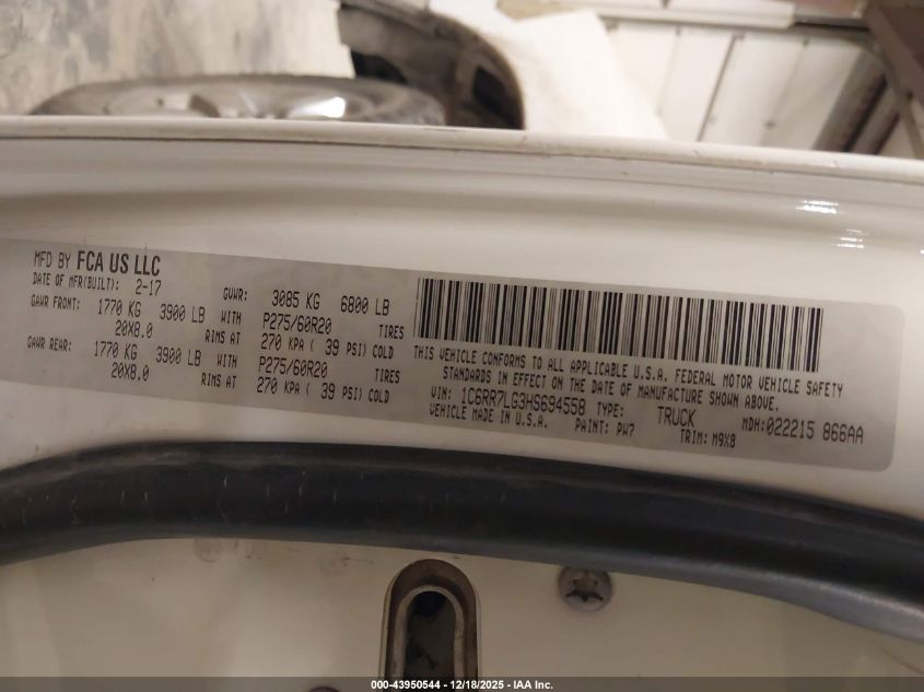 2017 Ram 1500 Big Horn 4X4 5'7 Box VIN: 1C6RR7LG3HS694558 Lot: 43950544