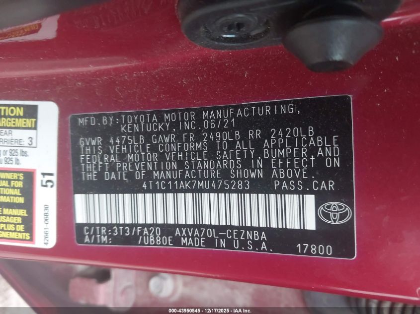2021 Toyota Camry Le VIN: 4T1C11AK7MU475283 Lot: 43950545