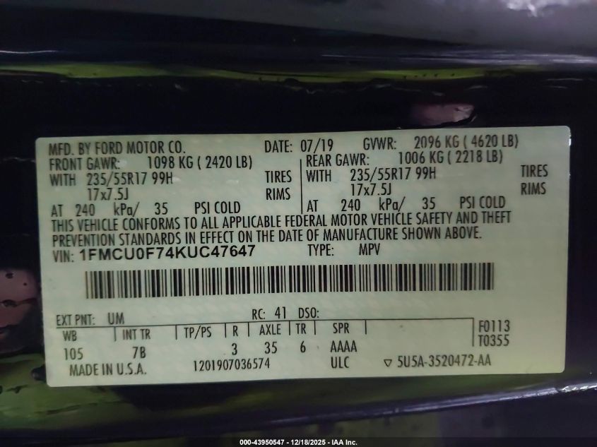 2019 Ford Escape S VIN: 1FMCU0F74KUC47647 Lot: 43950547