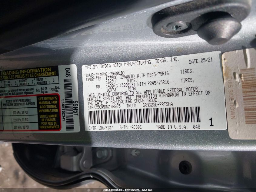 2021 Toyota Tacoma Sr5 V6 VIN: 5TFAZ5CN5MX108075 Lot: 43950548