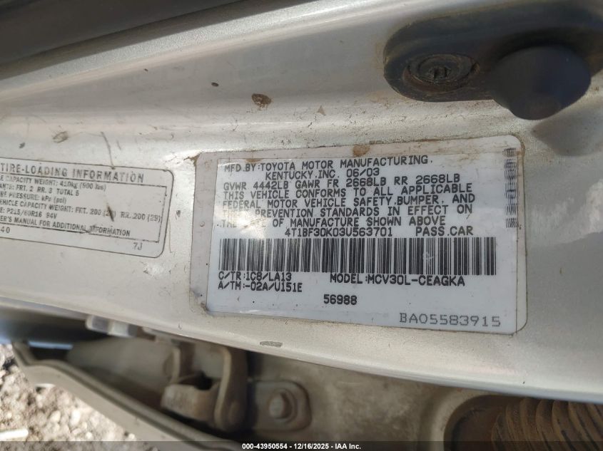 2003 Toyota Camry Xle V6 VIN: 4T1BF30K03U563701 Lot: 43950554