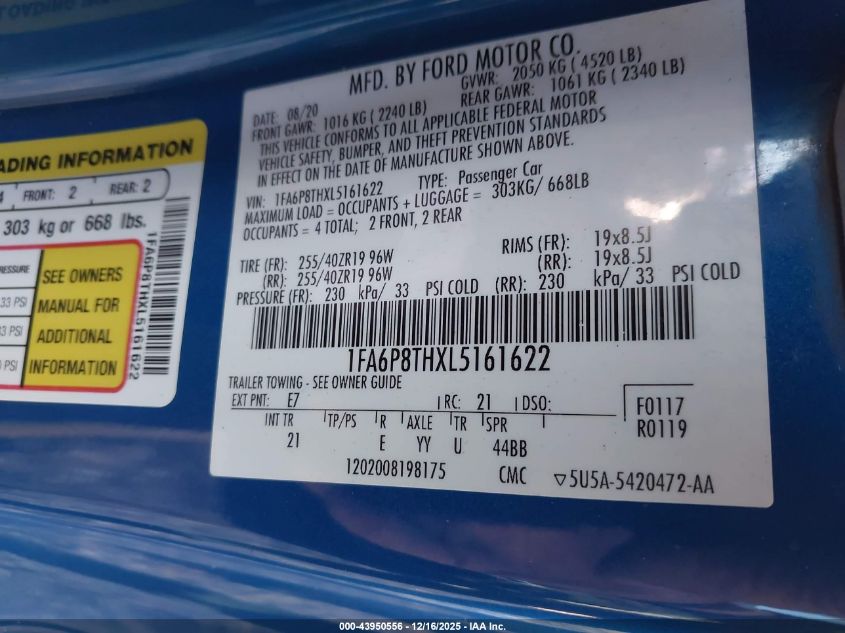 2020 Ford Mustang Ecoboost Fastback VIN: 1FA6P8THXL5161622 Lot: 43950556