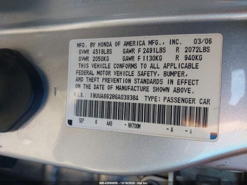 2006 Acura Tl VIN: 19UUA66286A039384 Lot: 43950558