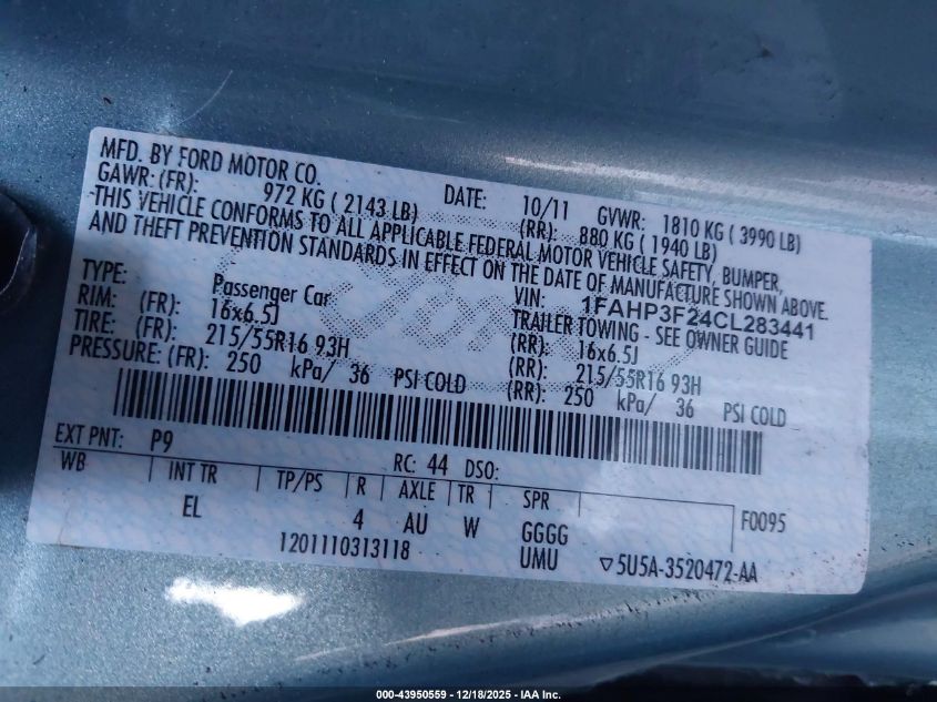 2012 Ford Focus Se VIN: 1FAHP3F24CL283441 Lot: 43950559