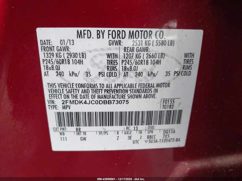 2013 Ford Edge Sel VIN: 2FMDK4JC0DBB73075 Lot: 43950561