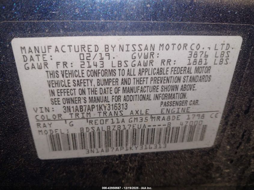 2019 Nissan Sentra S VIN: 3N1AB7AP1KY316313 Lot: 43950567