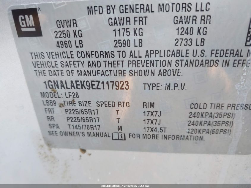 2014 Chevrolet Equinox Ls VIN: 1GNALAEK9EZ117923 Lot: 43950568