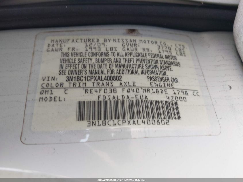 2010 Nissan Versa 1.8S VIN: 3N1BC1CPXAL400802 Lot: 43950570