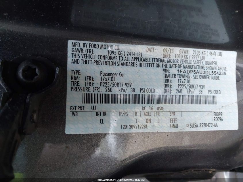 2013 Ford C-Max Hybrid Se VIN: 1FADP5AU3DL554235 Lot: 43950571