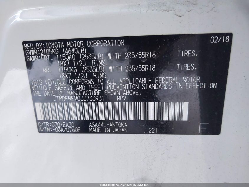 2018 Toyota Rav4 Limited VIN: JTMDFREV0JJ733931 Lot: 43950574