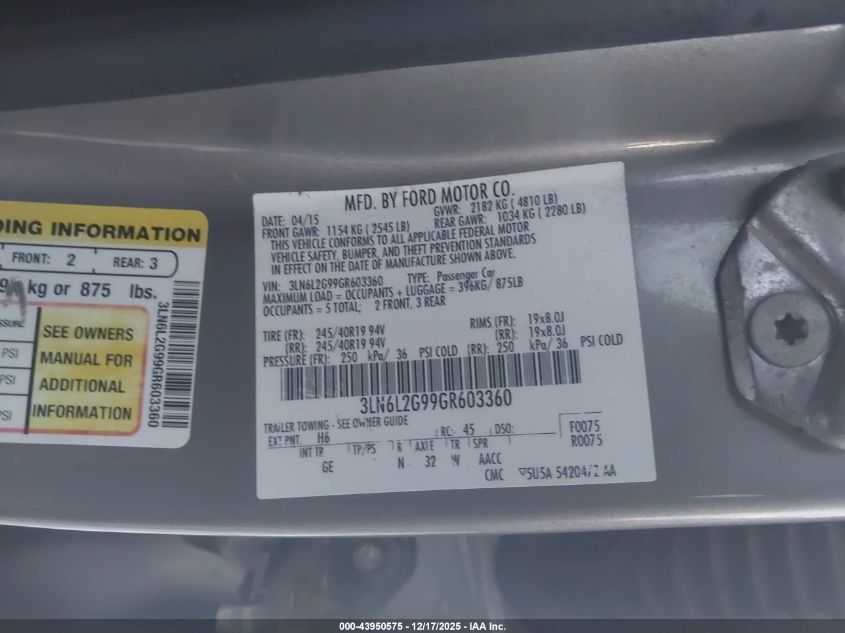 2016 Lincoln Mkz VIN: 3LN6L2G99GR603360 Lot: 43950575