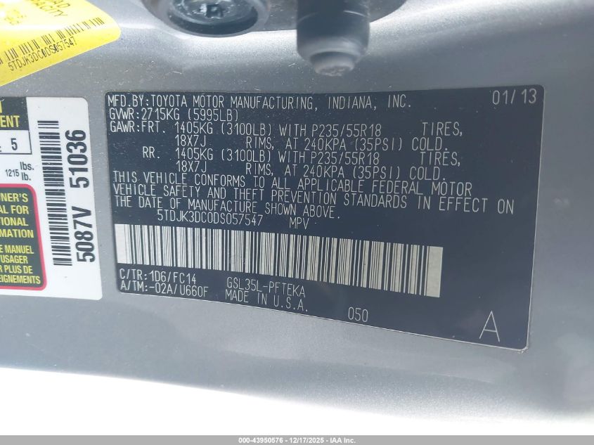 2013 Toyota Sienna Le 7 Passenger VIN: 5TDJK3DC0DS057547 Lot: 43950576