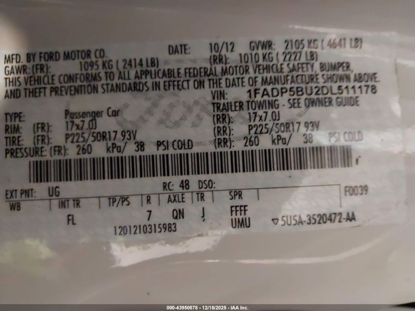 2013 Ford C-Max Hybrid Sel VIN: 1FADP5BU2DL511178 Lot: 43950578