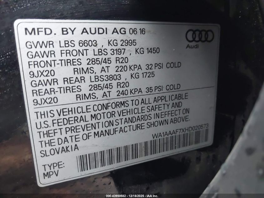 2017 Audi Q7 3.0T Premium VIN: WA1AAAF7XHD020573 Lot: 43950582