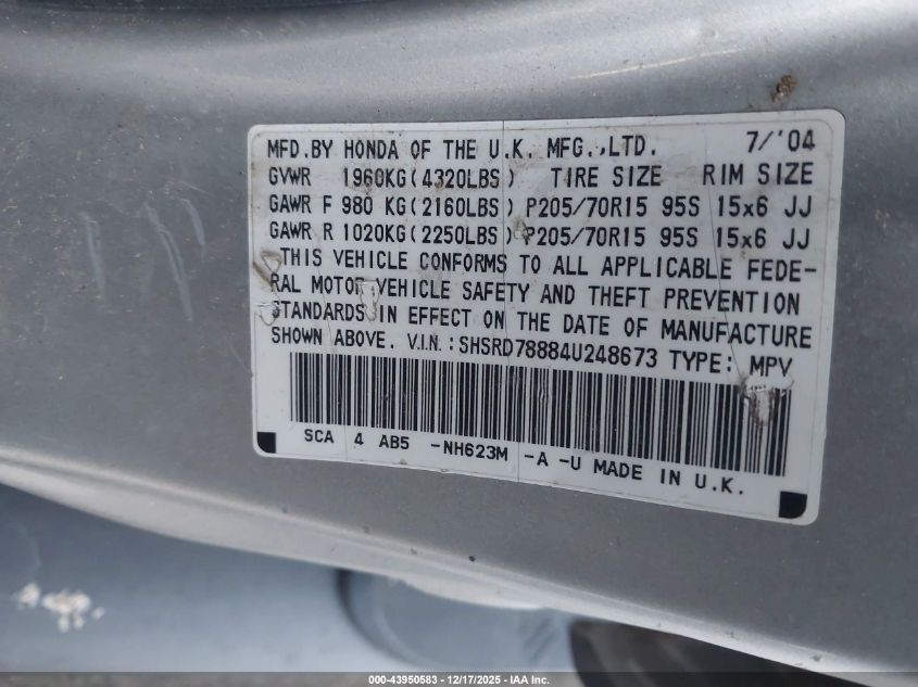 2004 Honda Cr-V Ex VIN: SHSRD78884U248673 Lot: 43950583