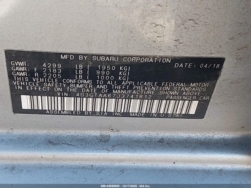 2018 Subaru Impreza 2.0I VIN: 4S3GTAA67J3741812 Lot: 43950585