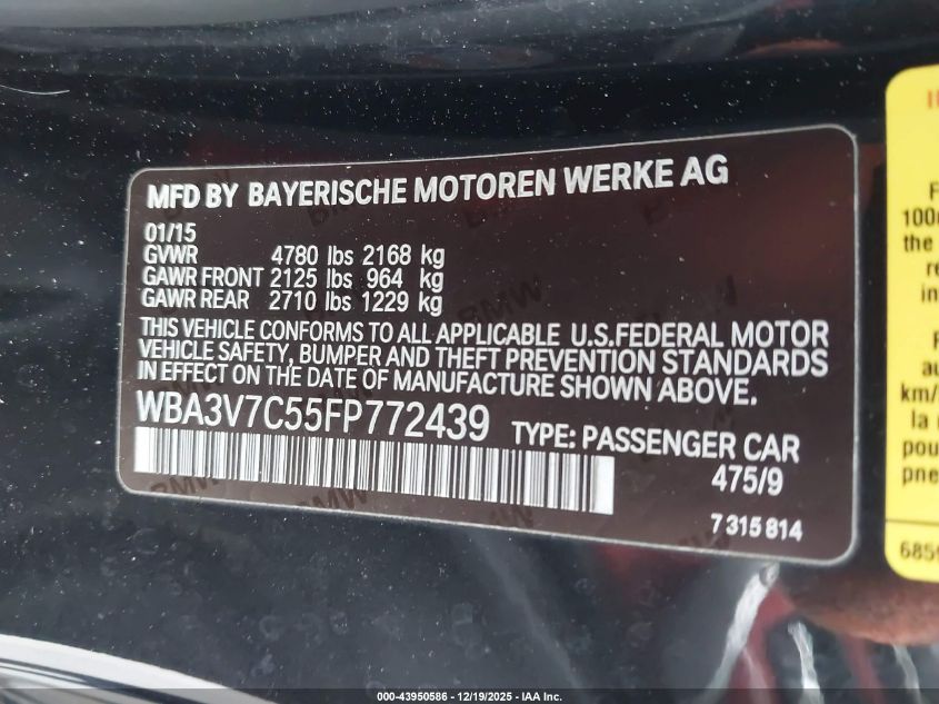 2015 BMW 428I VIN: WBA3V7C55FP772439 Lot: 43950586