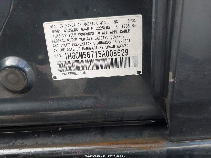 2005 Honda Accord 2.4 Ex VIN: 1HGCM56715A008629 Lot: 43950590