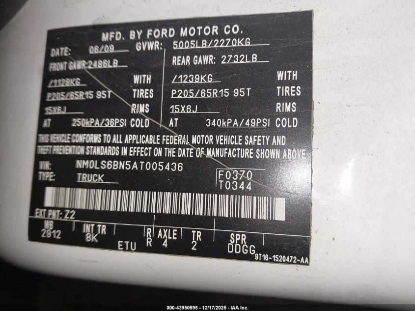 2010 Ford Transit Connect Xlt VIN: NM0LS6BN5AT005436 Lot: 43950595