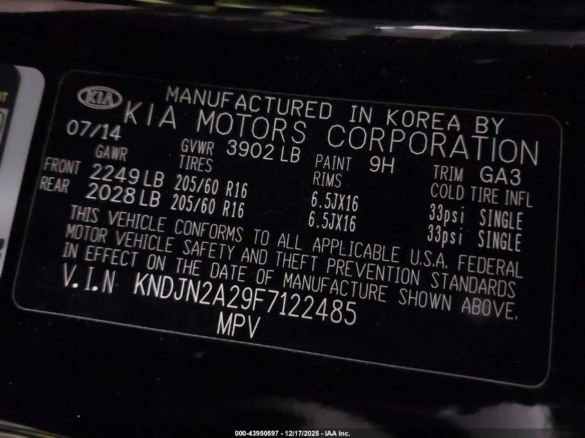 2015 Kia Soul VIN: KNDJN2A29F7122485 Lot: 43950597