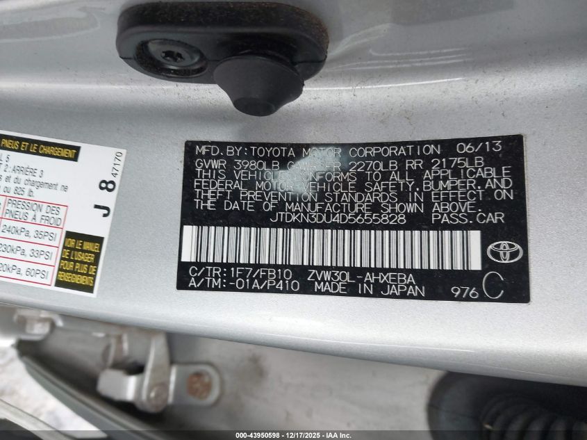 2013 Toyota Prius Three VIN: JTDKN3DU4D5655828 Lot: 43950598