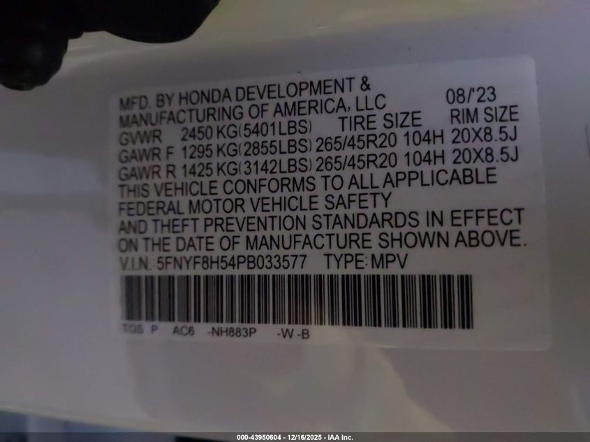 2023 Honda Passport Awd Ex-L VIN: 5FNYF8H54PB033577 Lot: 43950604