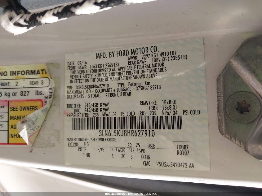 2017 Lincoln Mkz Hybrid Premiere VIN: 3LN6L5KU8HR627910 Lot: 43950605