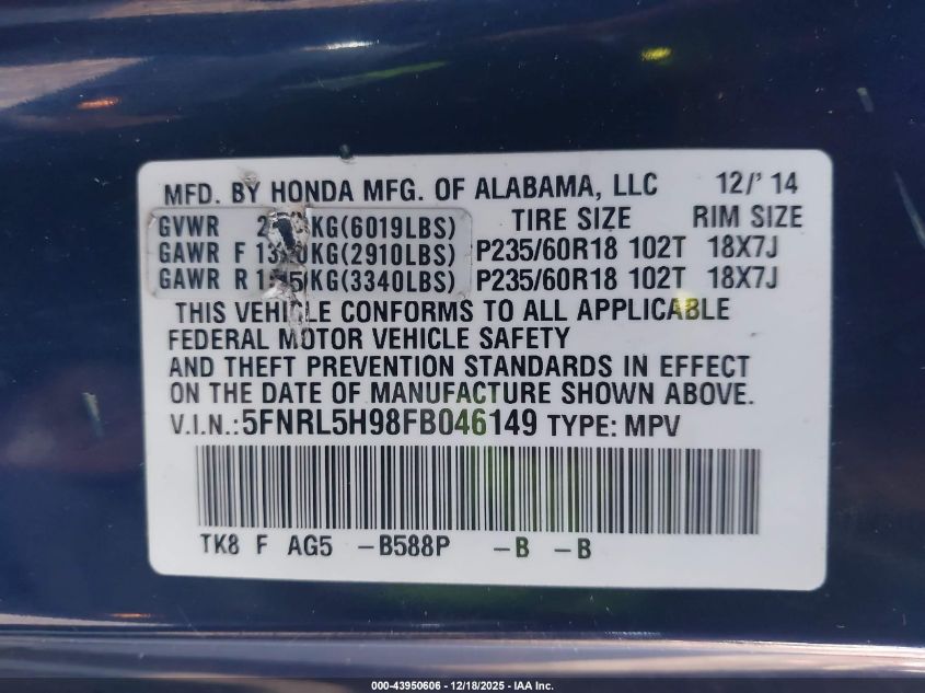 2015 Honda Odyssey Touring/Touring Elite VIN: 5FNRL5H98FB046149 Lot: 43950606