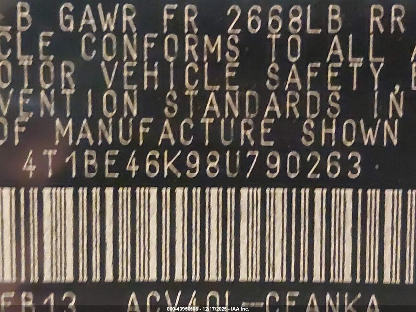 2008 Toyota Camry Le VIN: 4T1BE46K98U790263 Lot: 43950608